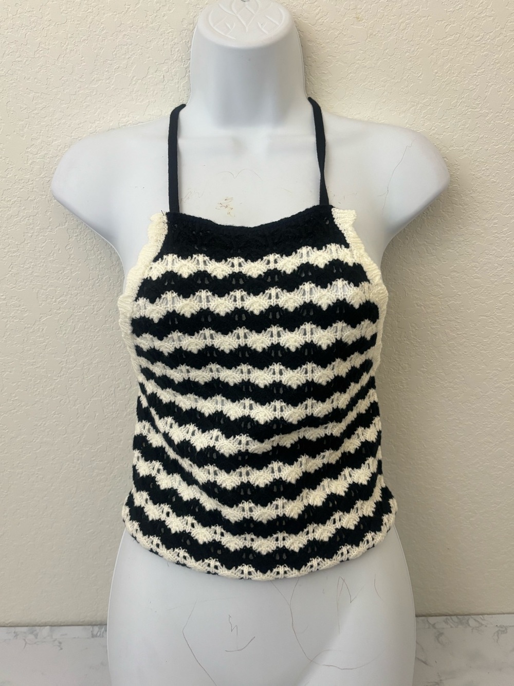 NWT Rebellion Again Black Cream Crochet Knit Tank Top 100% Cotton Womens S
